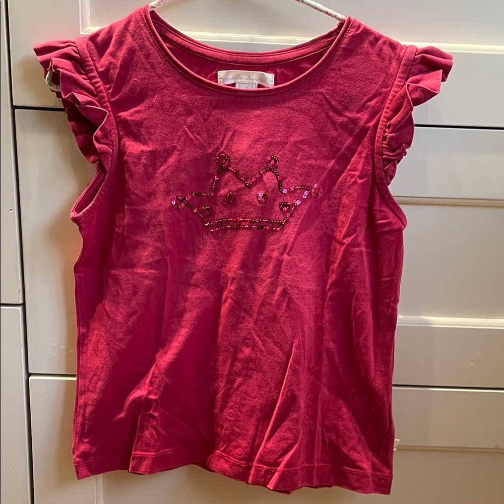 Marie Chantal Fuchsia Ruffle Sleeve Tee with Sequin Crown